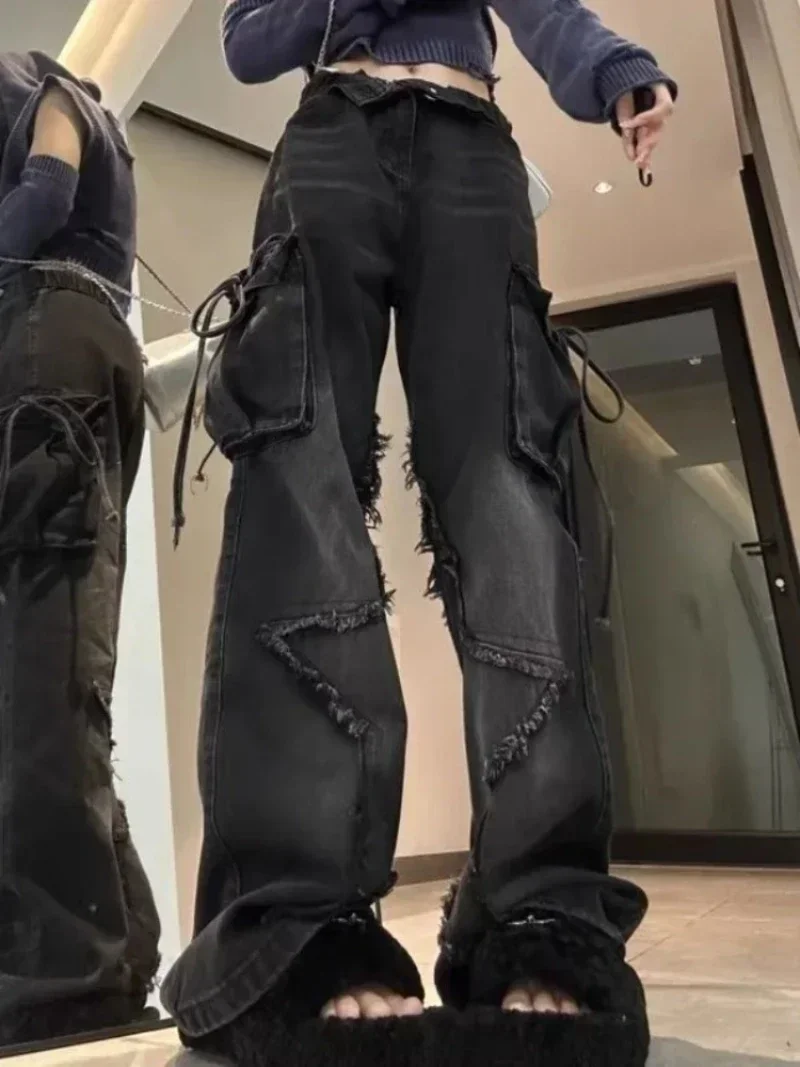 Jean Cargo Noir Gothique avec Étoile pour Femme, Baggy, Harajuku, Y2k, Denim Esthétique des Années 90, Fjemo, Pantalon, Vêtements Vintage, 2000