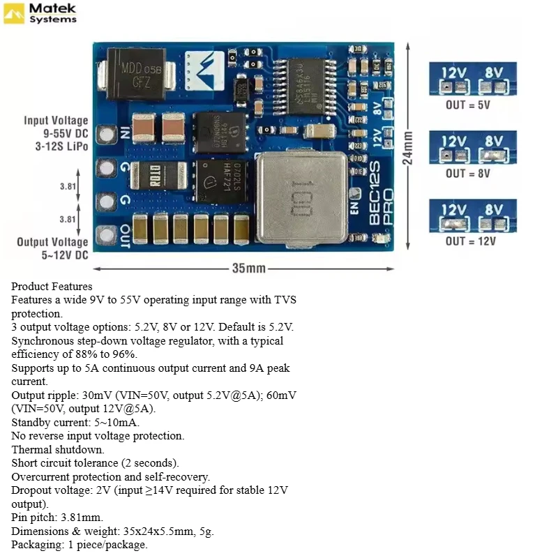 BEC12S-PRO Adjustable Step-Down Voltage Regulator – 9-55V Input, 5V/8V/12V Output 5A, for RC FPV Drones