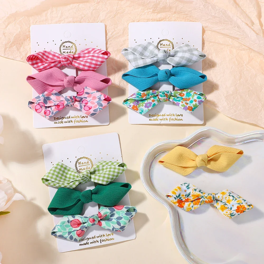 3Pcs/Set Baby Girls Floral Plaid Hairpin Set Cute Bows Korean Style Hair Clips Sweet Kids Headdress with Bangs for Sweet Kids