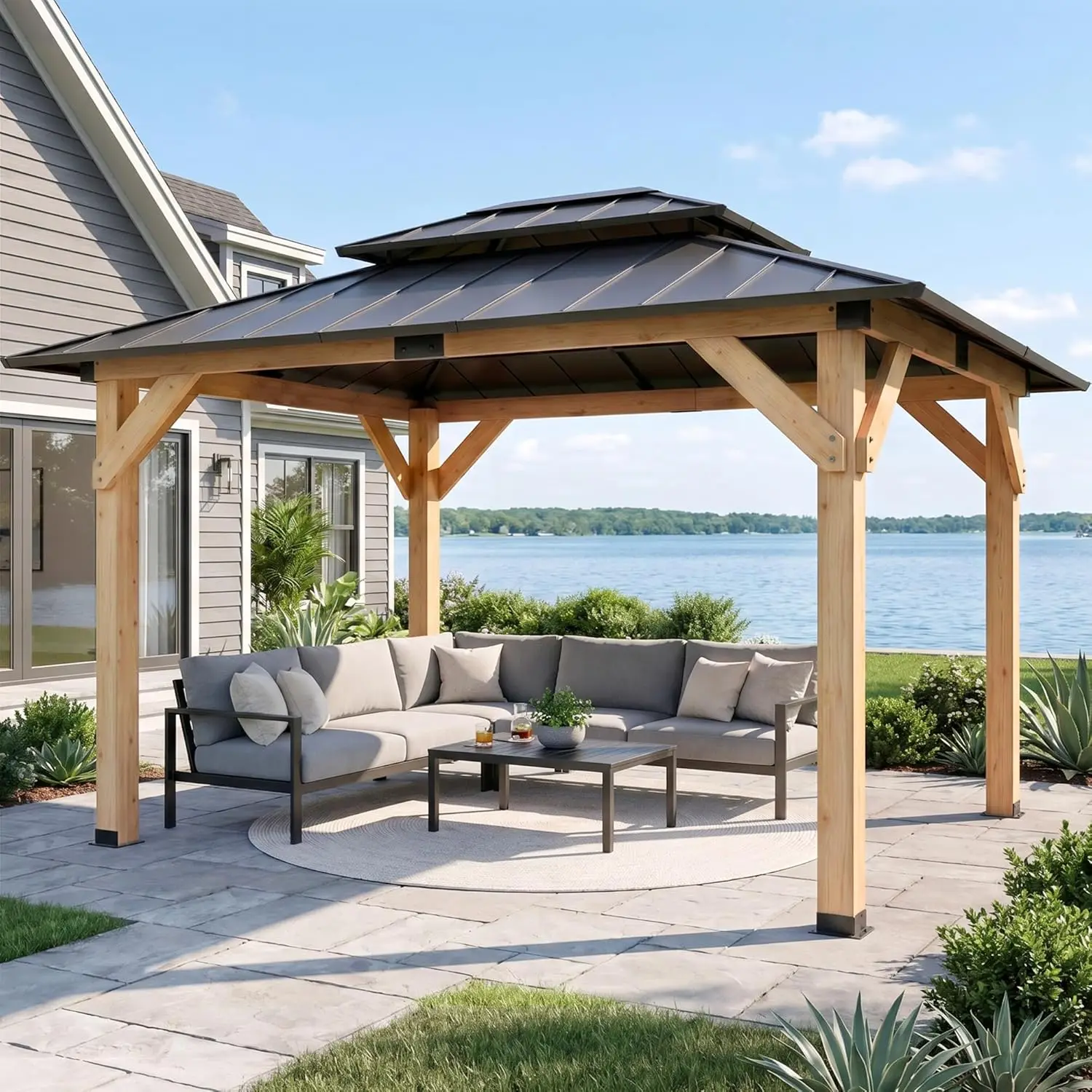 

10' x 12' Outdoor Wood Gazebo,Metal Hardtop Gazebo,Color DIY Permanent Pavilion with Galvanized Steel Double Roof for, Custom