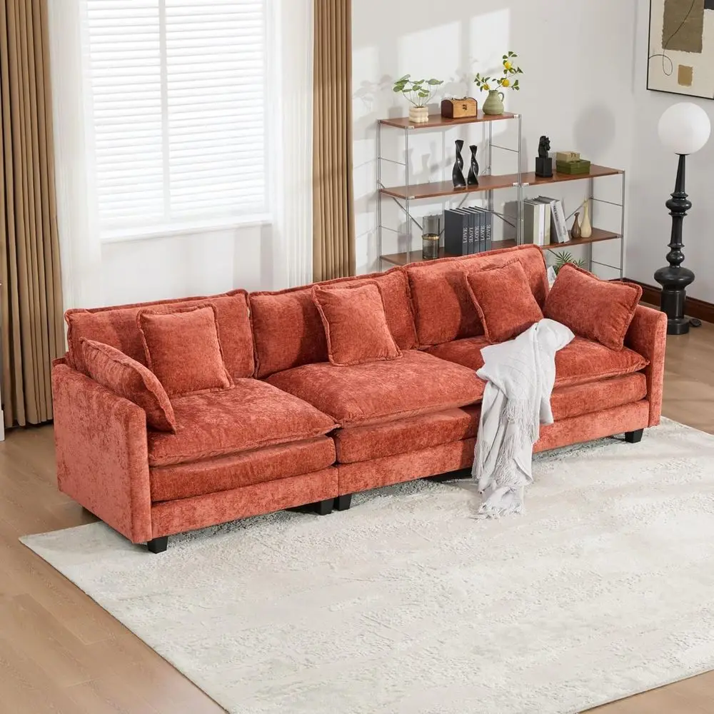 

Sectional 3 Seater Deep Seat Chenille Sofa for Living Room or Bedroom, Orange