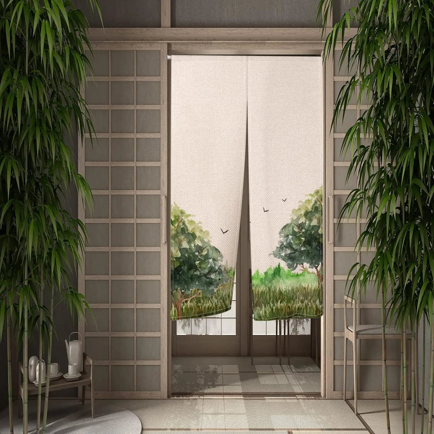 Japanese Style Landscape Painting Door Curtain, Traditional Ink Painting of Trees and Birds for Home Entrance Kitchen Bedroom