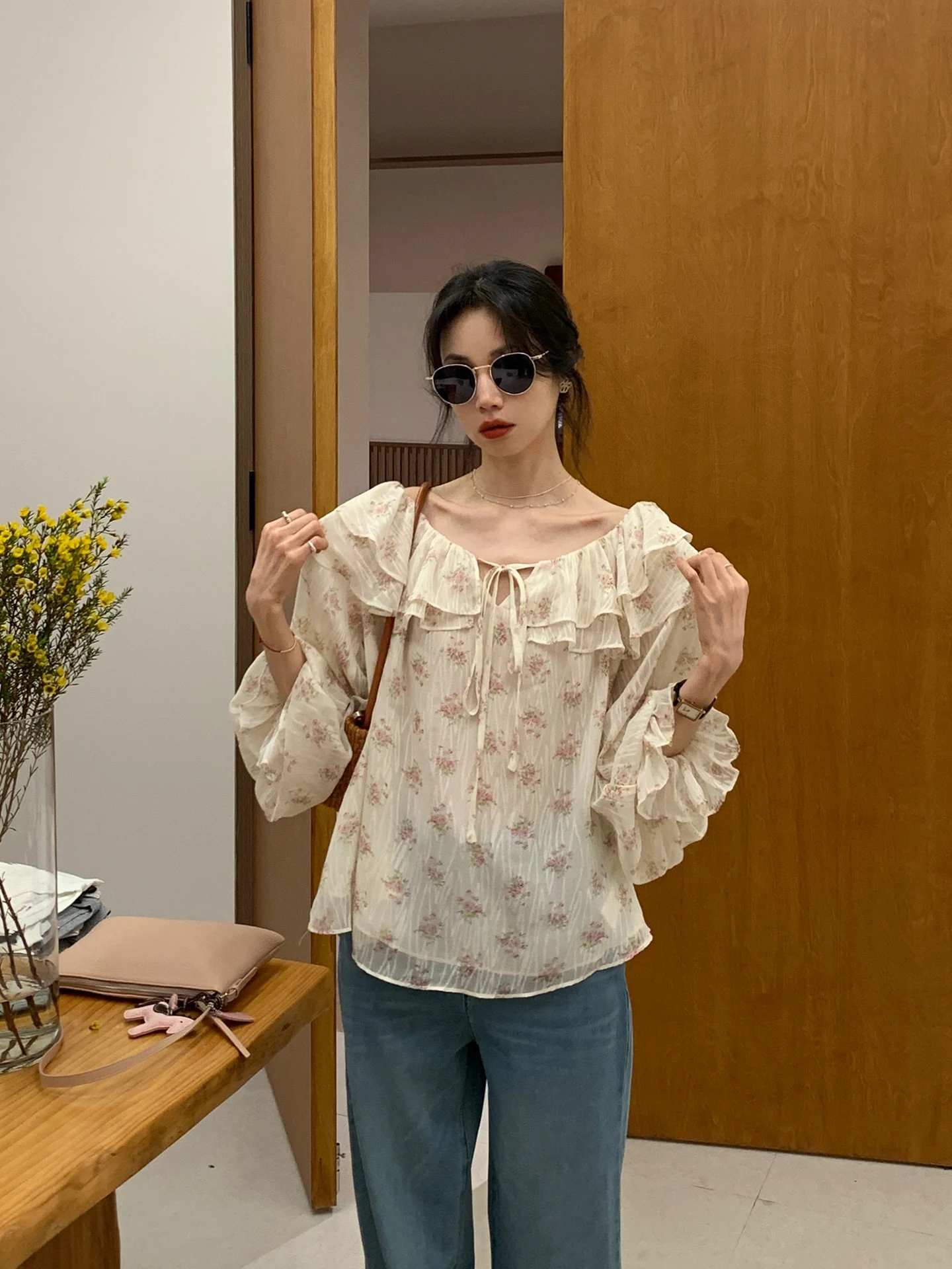 

BRIVIN Floral Print Double Layered Wooden Shirt Women's Spring New One Shoulder Elegant Personality Top