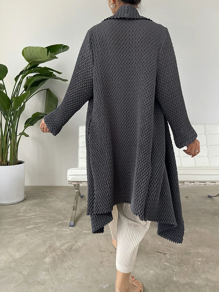 Fold Miyake These 2024 Spring New Small Stroke All-matching Temperament Coat Long Sleeve Solid Color Medium Long Trench Coat