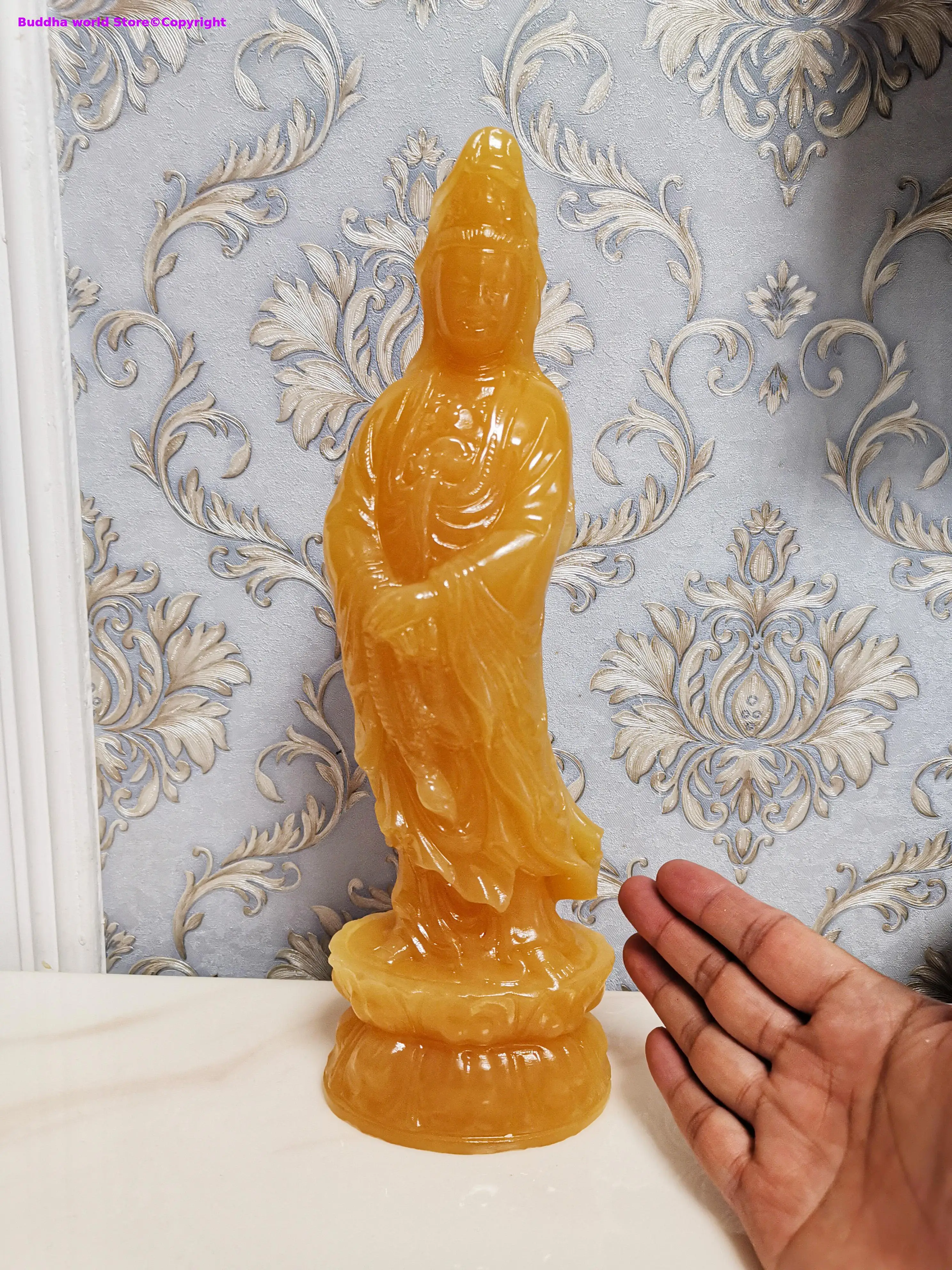 

Southeast Asia HOME Family Spiritual Guanyin Buddha God bless safe good luck yellow jade goddess carving art statue