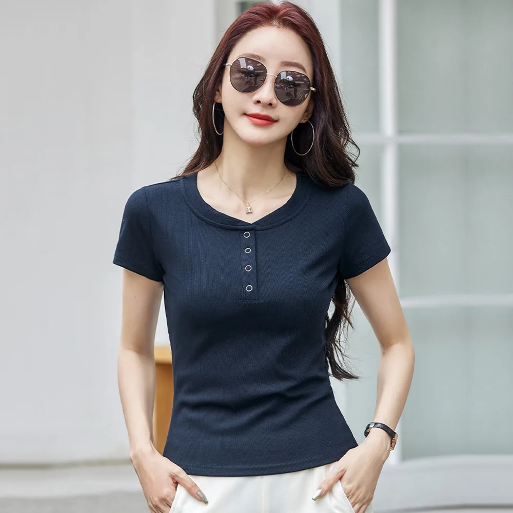New Women Casual T-shirt Summer Fashion O-Neck Short Sleeve Solid Color Slim Tees Simplicity Basic Short T-shirt Female