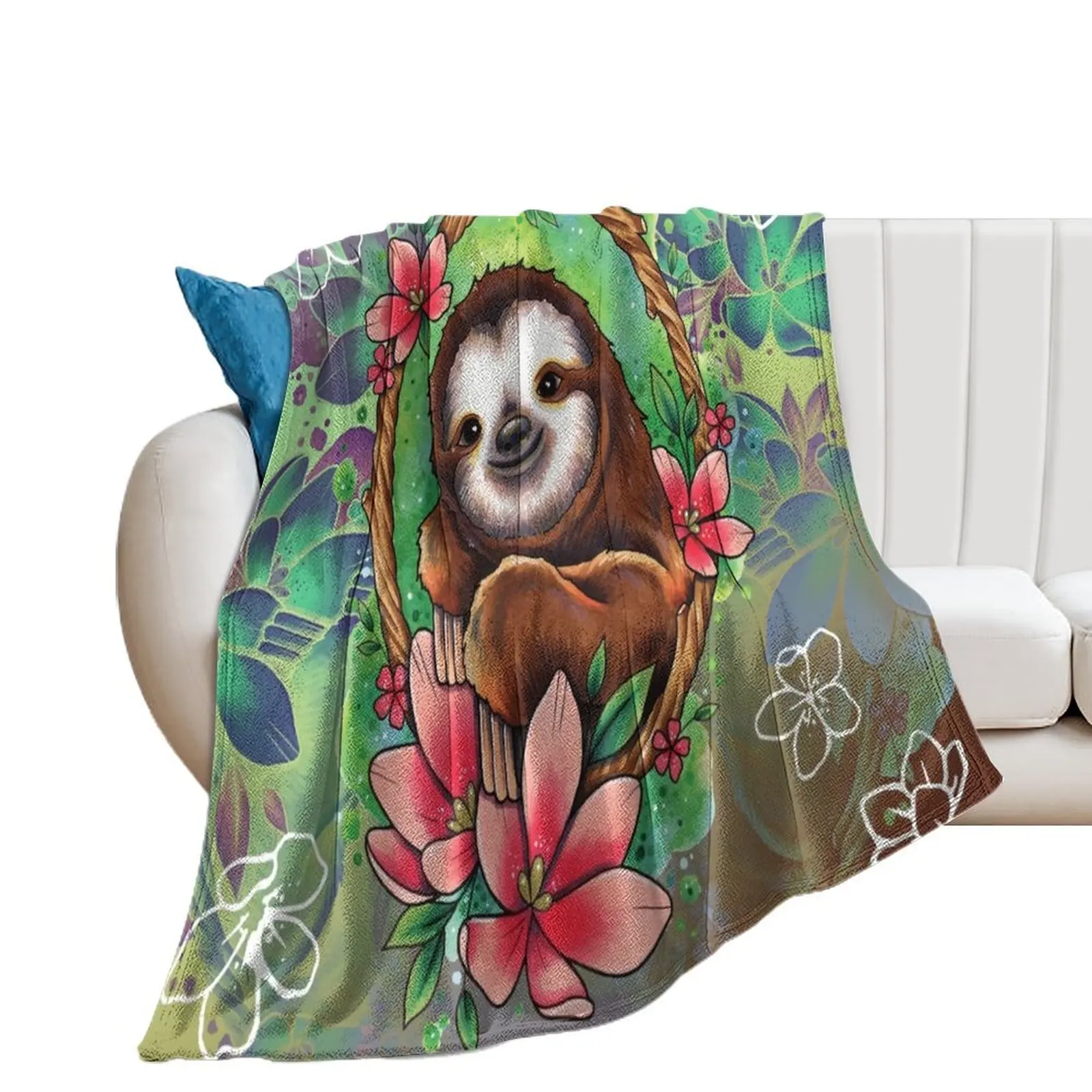 

Cute Sloth and Flowers Throw Blanket Beach Flannel Blankets