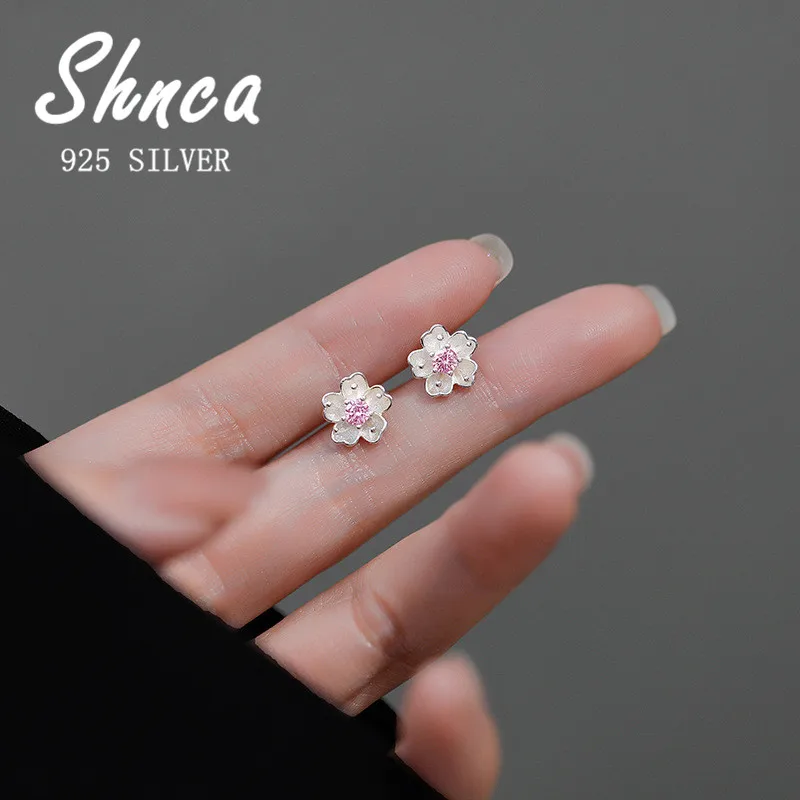 New Handmade 925 Sterling Silver Sakura Flower Purple Pink Rhinestone Stud Earrings For Women Girl Sterling-Silver-Jewelry LE214