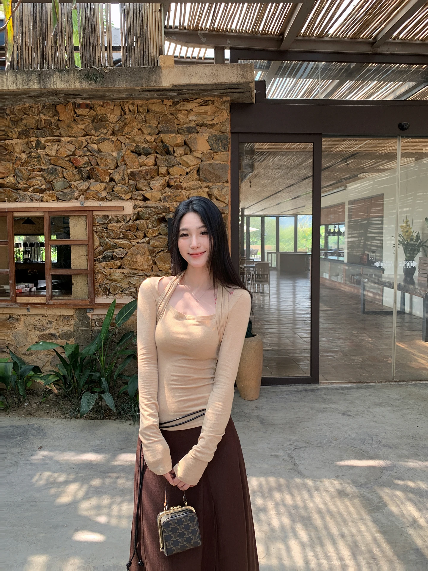 

Женская трикотажная футболка SMBL RAIN цвета хаки в ретро-стиле, облегающая, эластичная, с длинным рукавом, весна 2026, с высокой талией