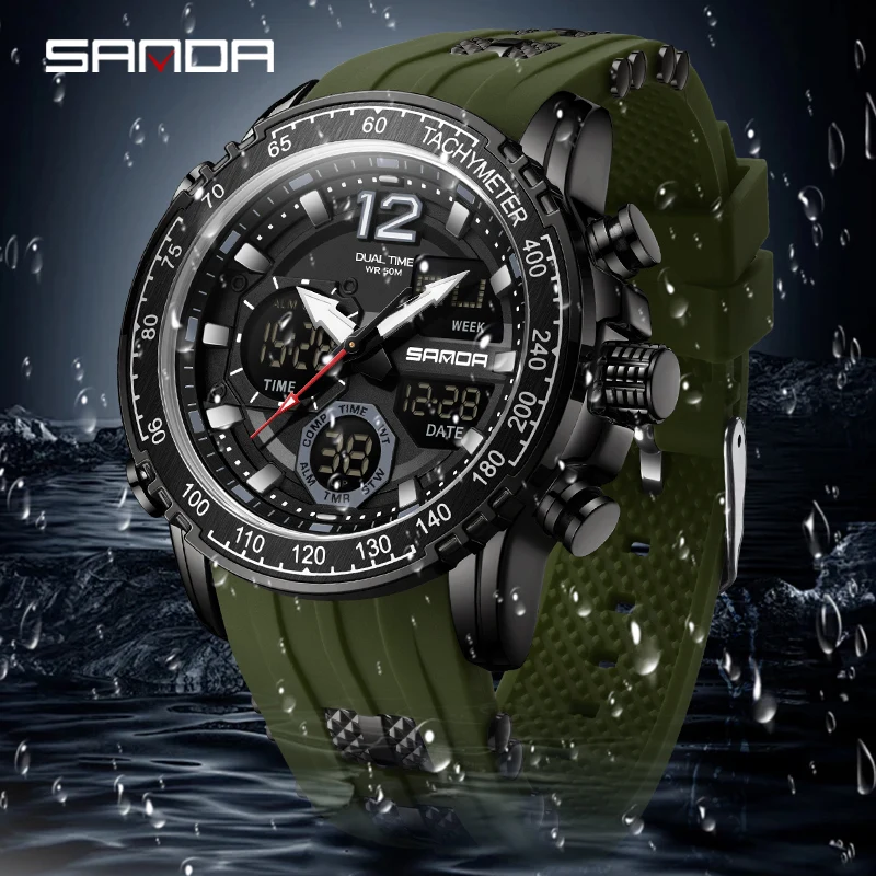 SANDA Military Sports LED Electronic Quartz Dual Display Men\'s Watch Multi Functional Waterproof Men Clock New Relogio Masculino