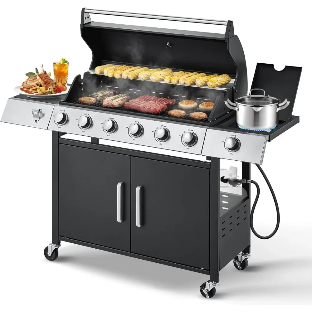 

Upgraded 6 Burner BBQ Propane Gas Grill with Side Stove & Cast Iron Grates, 60,000 BTU Stainless Steel Burner Barbecue Grill