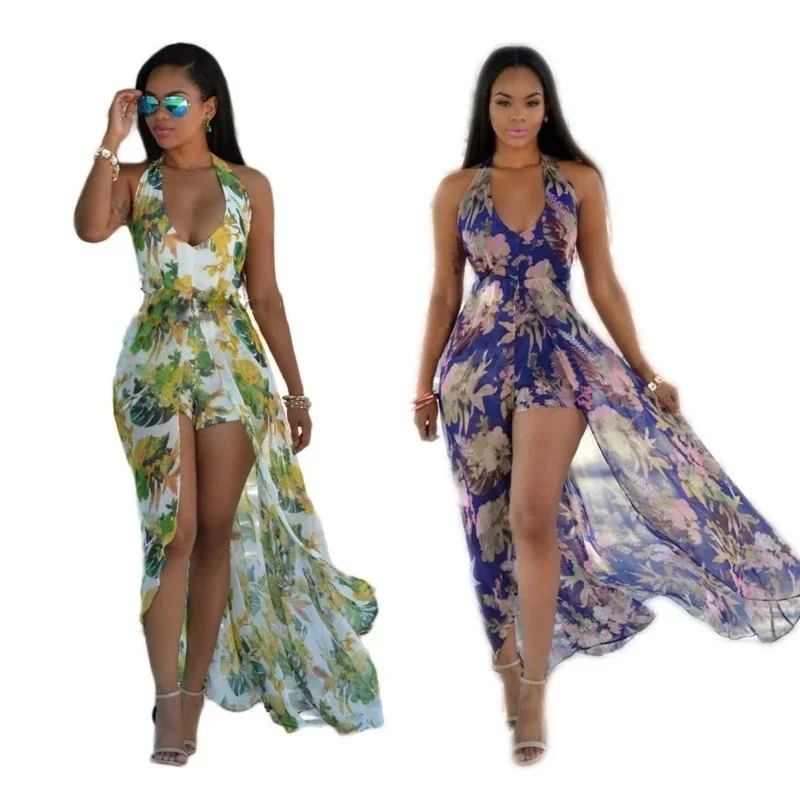 

Women's Floral Print Halter Neck Split Maxi Romper Sexy Beach Jumpsuit Skirt Plus Size