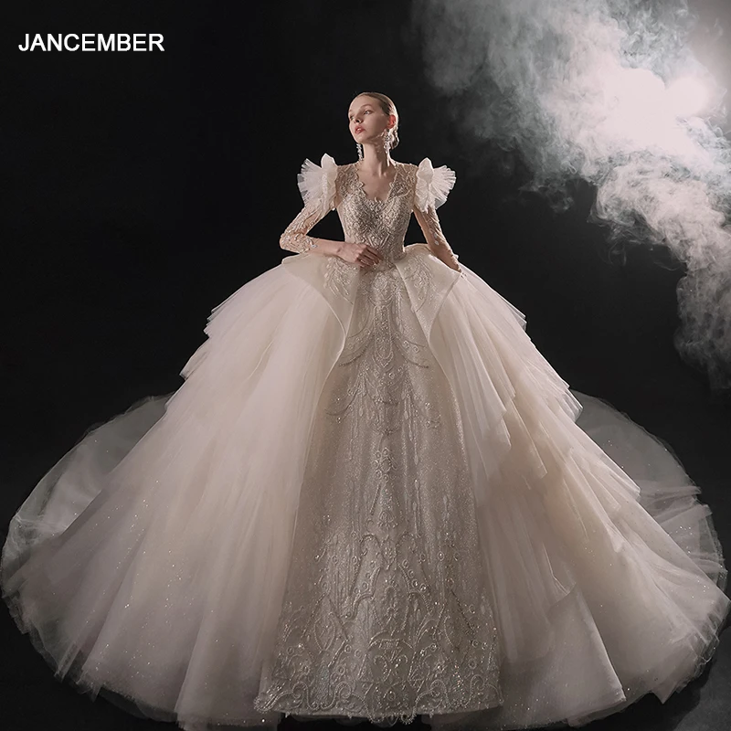 

Jancember Popular Design Modern Dresses For Women 2024 V-neck Organza With Embroidery Button Lace Up vestito da sposa LSMX056