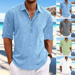 Camisa de manga curta respirável masculina, ajuste solto, gola virada para baixo, cor sólida, botões, casual, macio, verão