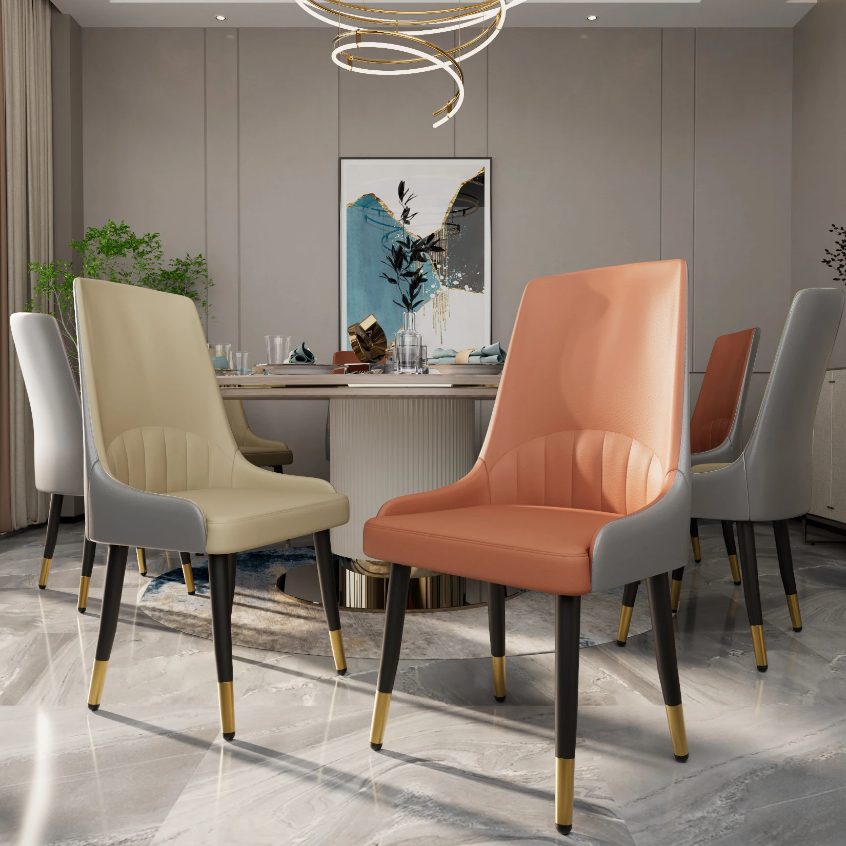 Dining Chairs Set of 2, Leather Upholstered Modern Chair with Backrest - Armless Accent Chairs with Metal Legs for Kitchen