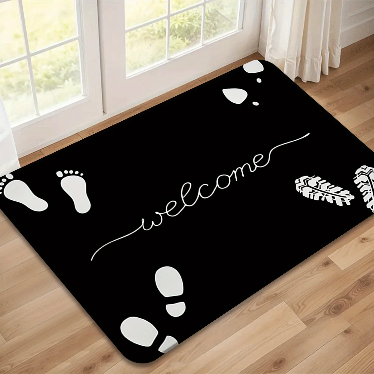 Modern Black Welcome Doormat with White Footprints - Minimalist Entry Floor Mat, Non-Slip Indoor Outdoor Rug, Multiple Sizes