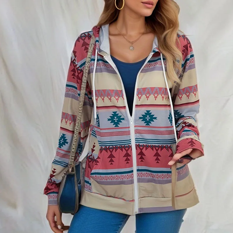 Spring and Autumn New European and American Fashion Casual Geometric Printed Long Sleeve Loose Hooded Pocket Zipper Sweater Card