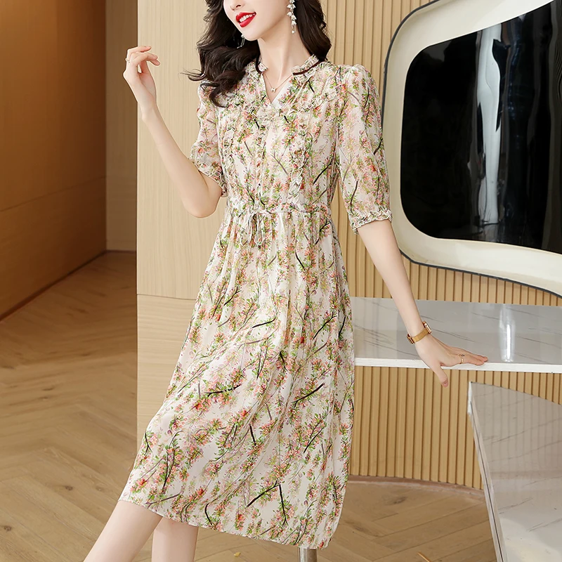 

Spring/Summer 2023 New French Silk Elegant Fragmented Flower Dress Fashionable Holiday Print Waist Wrapped Slim Midlength Dress