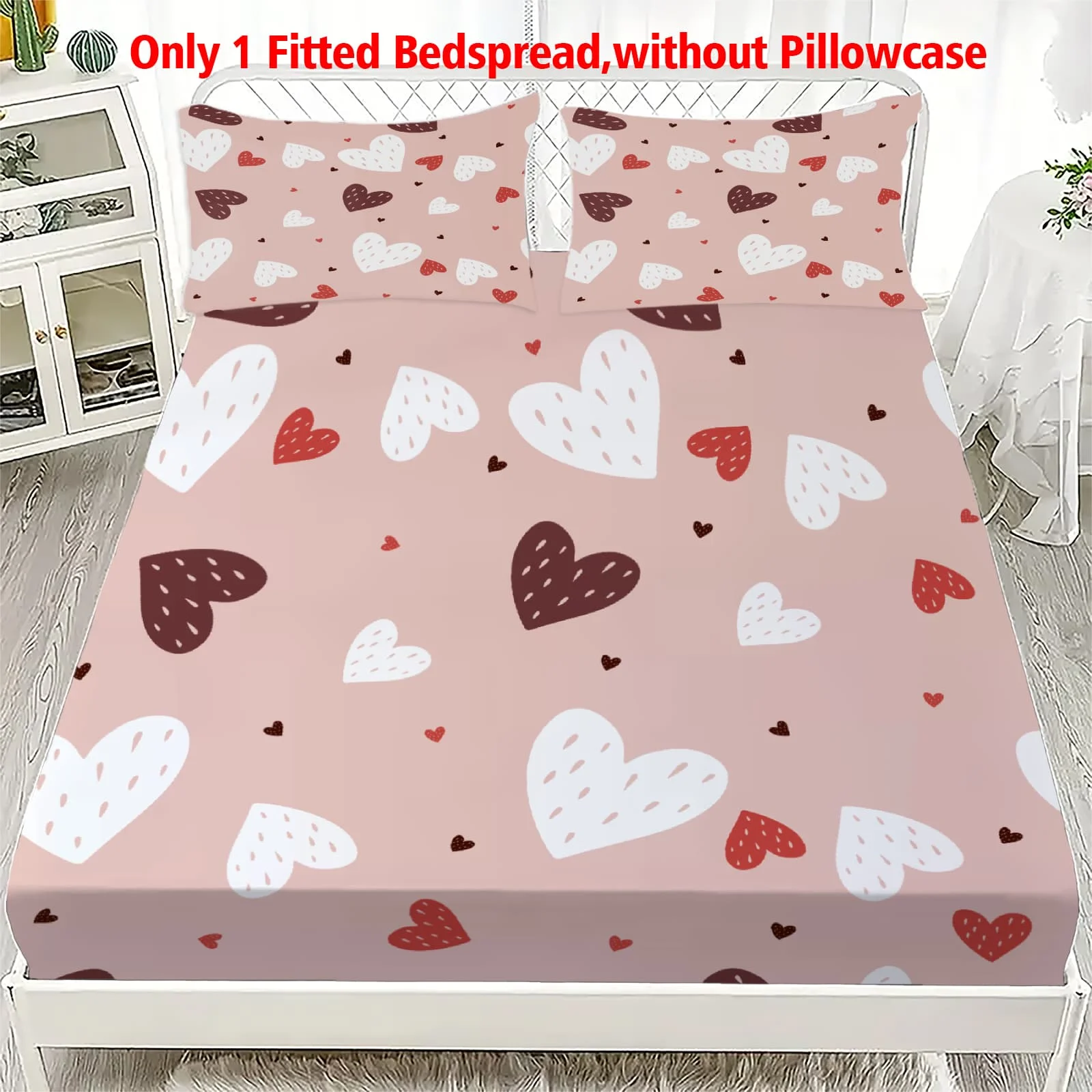 1pc Pastel Heart Doodle Print Fitted Sheet Deep Pocket Elastic Mattress Cover Single Double Queen King Bedroom Decor