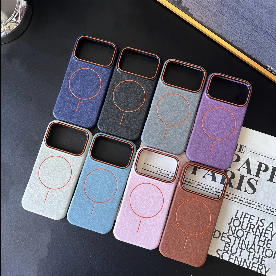 Funda de cuero con textura de lichi para Magsafe, compatible con iPhone 17, 16, 15, 14, 13, 12, 11 Pro, Max, Air, Plus, magnética y resistente a golpes 4