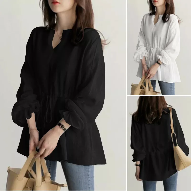 

Women's Long Sleeve V-Neck Shirt Drawstring Waist Pure Color Top European Style Loose Fit Commute Wind Spring Season China Made
