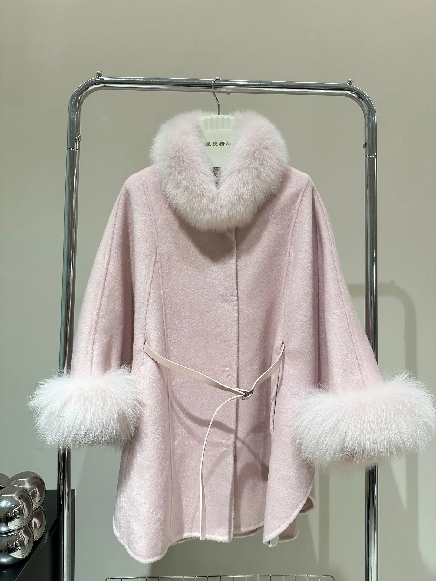 Nuova moda femminile due lati Cashmere Poncho di lusso Streetwear donna pelliccia di volpe O collo allentato lungo maniche Dolman cappotto con cintura