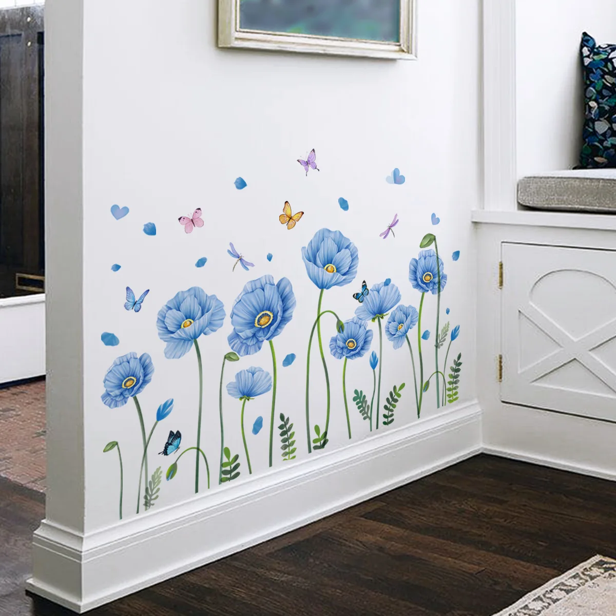 Adesivos de parede Blue Plant Flower and Butterfly, Sala de fundo, Mural decorativo para casa, Papel de parede, Ms4300, 2pcs