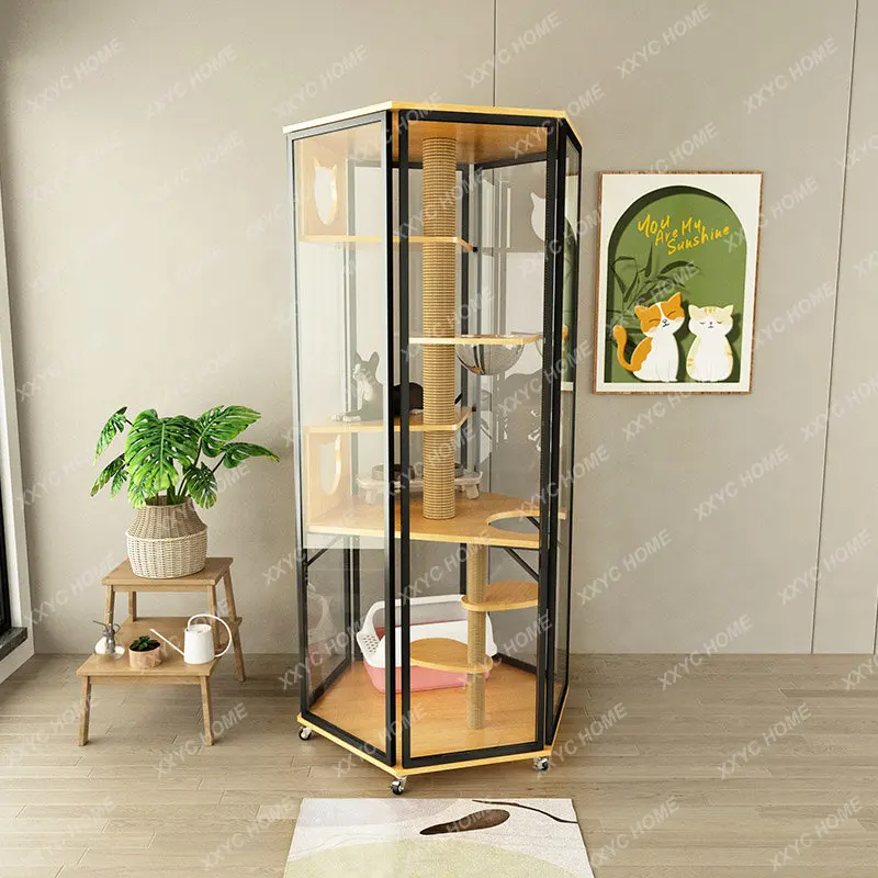 Cat Villa Glass Room Cat Cage Sky City Solid Wood Home Cat Room Display Cabinet Three Layers Cat Cage