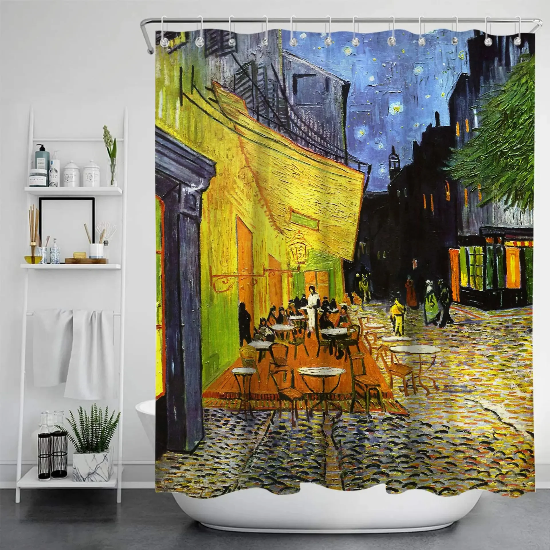 Van Gogh Starry Night Shower Curtain Oil Painting Abstract Art Blue Sky White Cloud Star Moon Scenery Bathroom Decor with Hooks