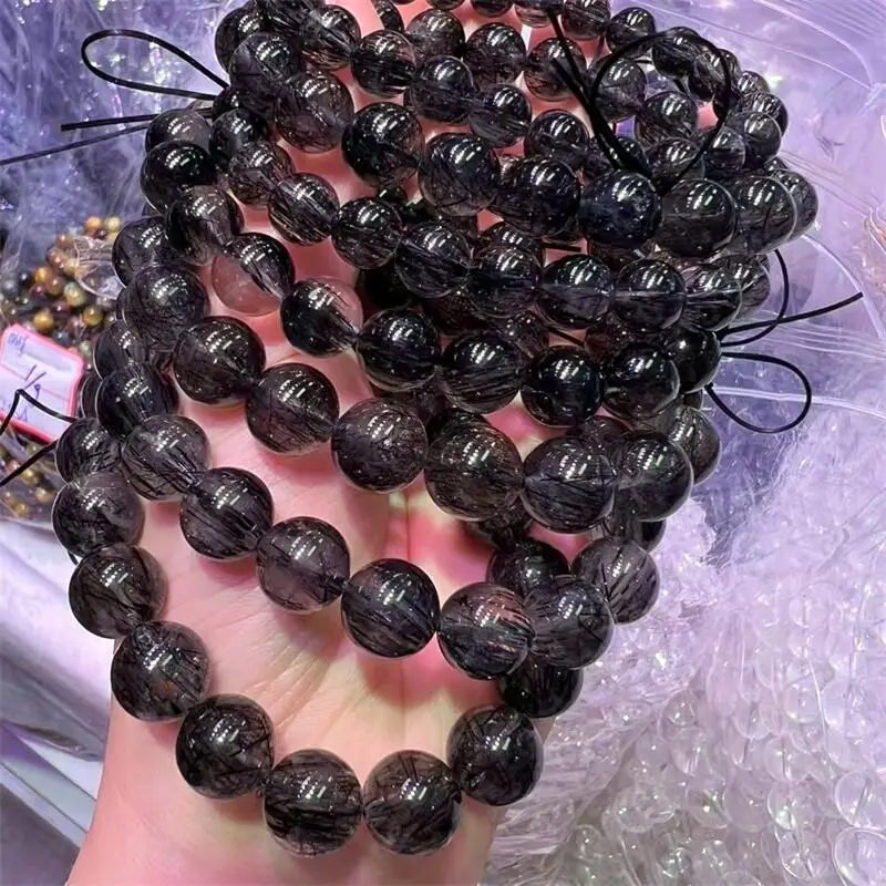 

10MM Natural Black Hair Quartz Bracelet Handmade Jewelry Stretch Bangle Children Birthday Holiday Gift 1pcs