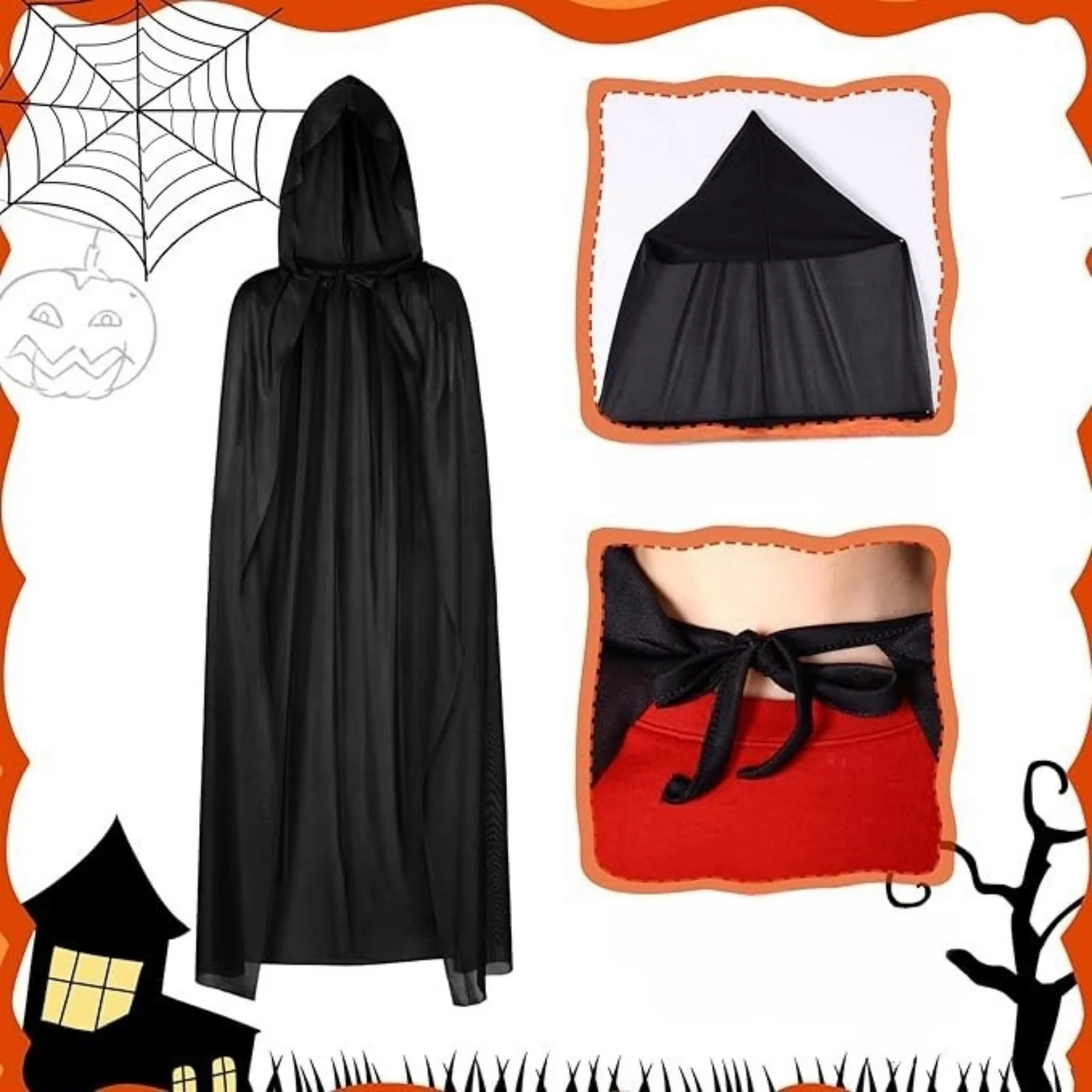 1PC Black Hooded Cloak Set, Multiple Styles Halloween Cosplay Cape For Adults & Kids, Ideal For Halloween Party, Role - Playing image 2