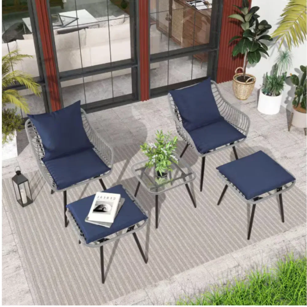 

5-Piece Outdoor Wicker Furniture Set with 2-Chairs, 2-Ottomans, 1-Table