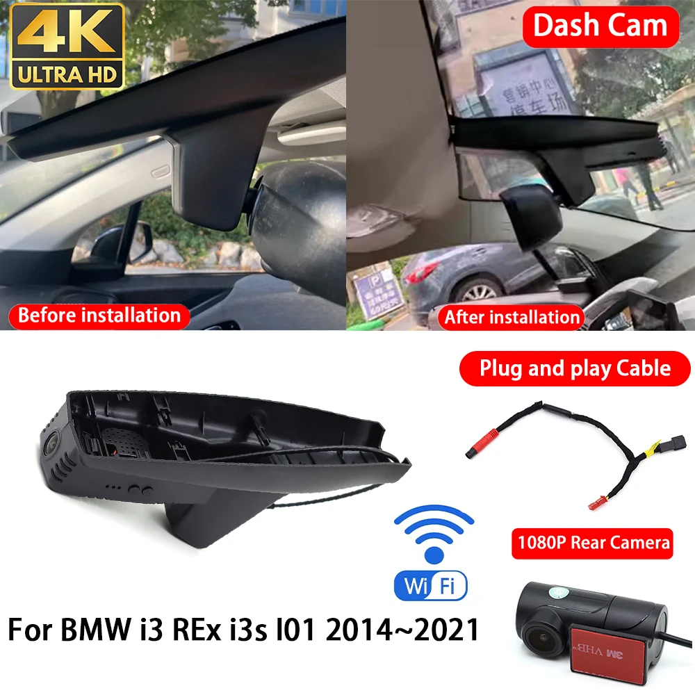 for BMW i3 REx i3s I01 2014~2021 4K 2160P Dash Cam Front Rear Car Camera DVR Wifi Plug & Play Video Recorder Loop Recording