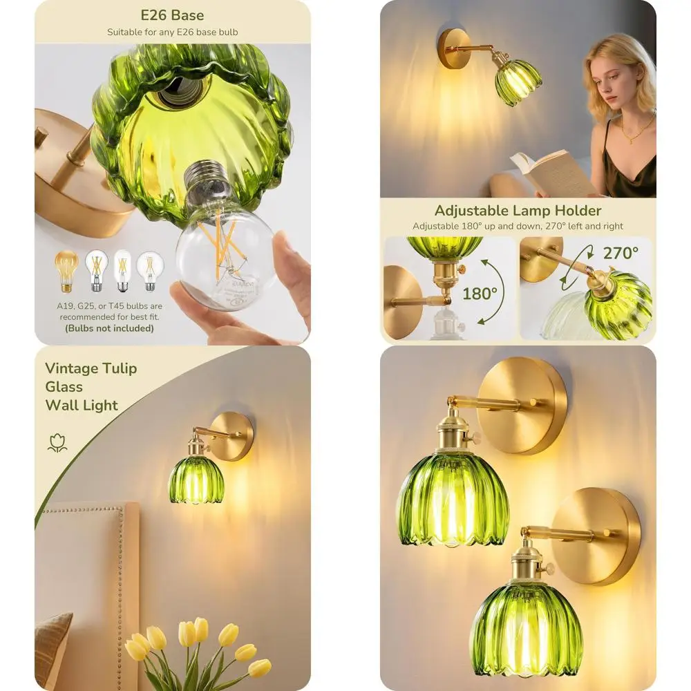 

Пара регулируемых настенных светильников в винтажном стиле с зелеными стеклянными плафонами в форме тюльпанов, с золотистой латунной отделкой, для домашнего освещения