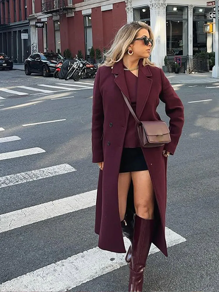 Elegant Burgundy Single Breasted Women's Woolen Overcoats Chic Lapel Long Sleeve Solid Crop Jackets 2024 Lady Commute Streetwear