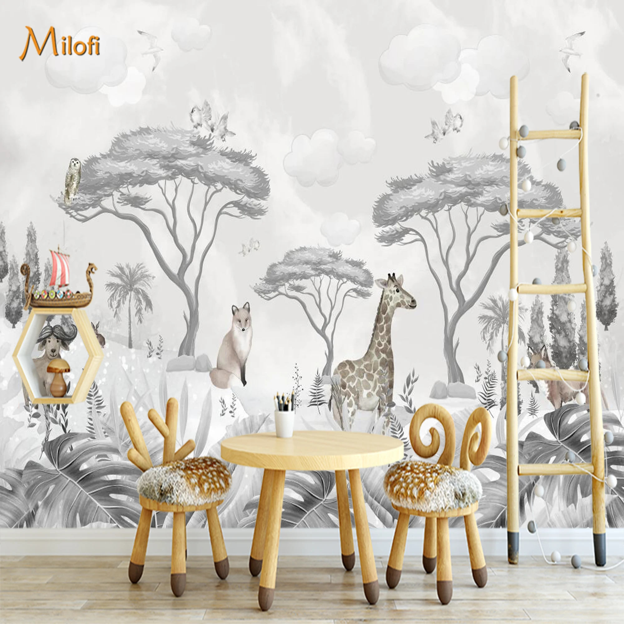 Custom Watercolor Jungle Animal Wallpaper Safari Giraffe Fox  Wall Mural Self‑Adhesive Art Decor for Children Nursery Bedroom