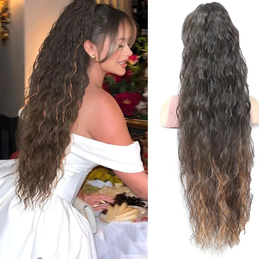 30 بوصة بني مع شقراء يسلط الضوء على ذيل حصان تمديد مخلب كليب لمظهر طبيعي حجم الشعر وطول في ارتداء اليومي Tr