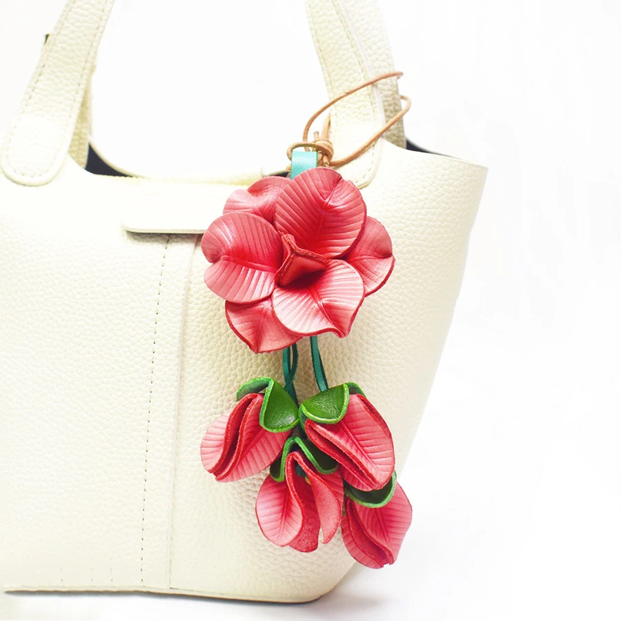 

New Orchid Flower Bag Charm Hanging Ornament Top Layer Cowhide Leather Rope Women's Bag Decorative Piece Bag Pendant