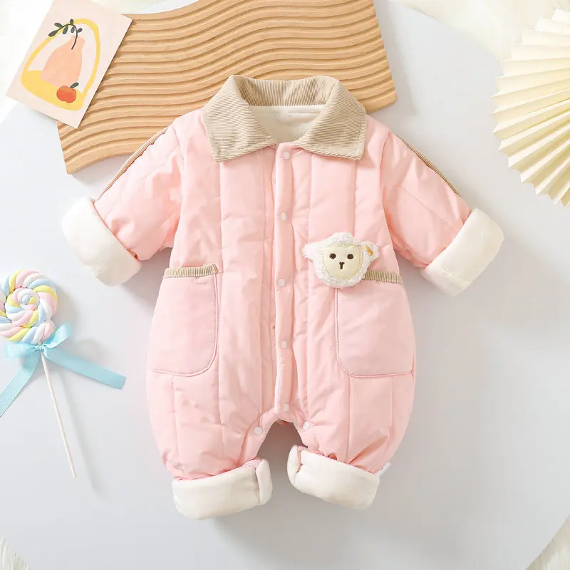 MILANCEL Winter Baby Clothes 0-2Y Fleecing Lining Infant Girls Warm Rompers Turn Down Collar Thicken Jumpsuits for Toddler Boys