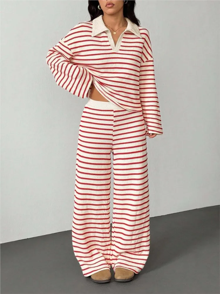 Damen Gestreiftes Strick-Zweiteiler-Set Herbst Revers V-Ausschnitt Langarm-Oberteil Weite Hose Set Lässige Loungewear Trainingsanzug-Outfits