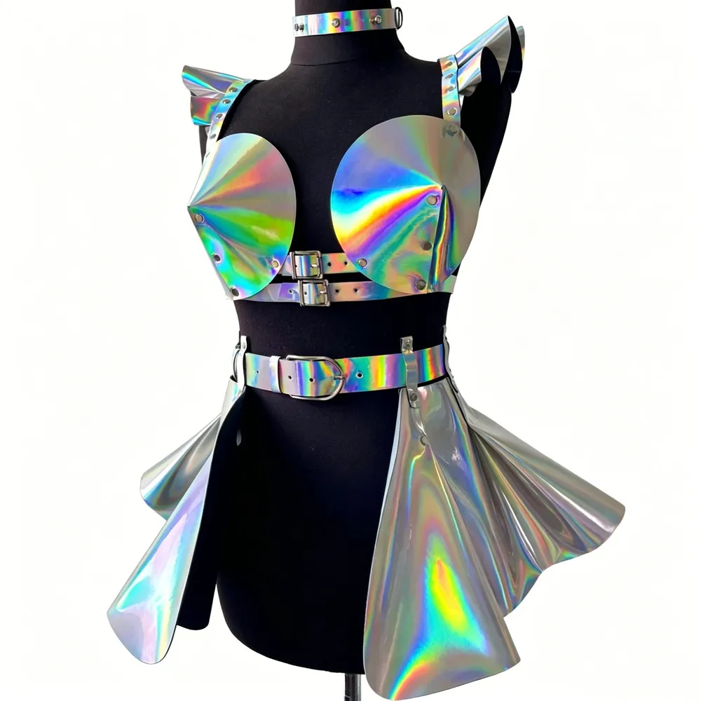 

Gothic Punk Style Clubwear Reflective Laser Bikini Adjustable PU Skirt Women Nightclub Sexy Stage Wear Carnival Cosplay Costume