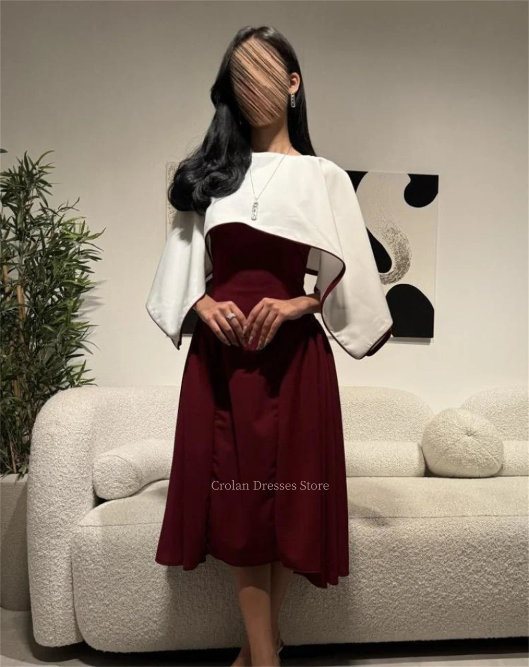 

Burgundy A-line Pleats Evening Dresses With White Shawl Contrast Color Elegant Vintage Tea-Length Women Special Occasion Dress