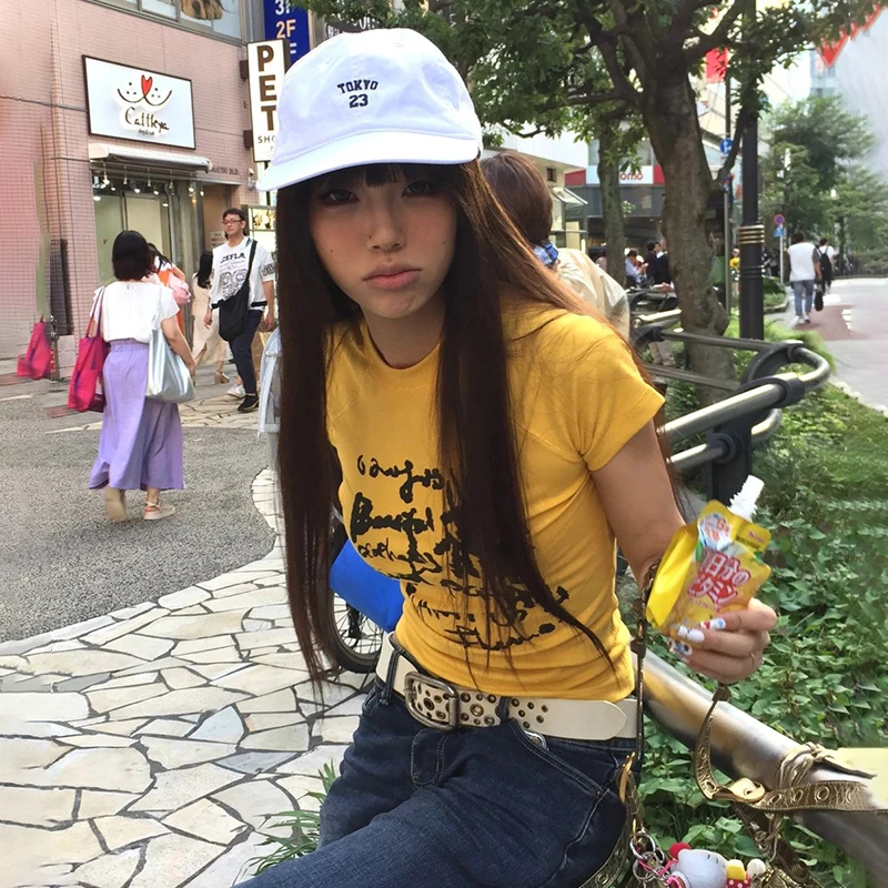 Karrram Japanese Y2k Letter Print T-shirt Vintage Harajuku Crop Top Trashy 2000s Style Short Sleeve Tee Shirt American Retro 90s image 3