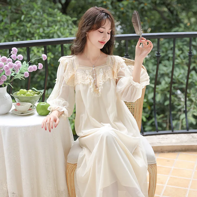 

Victorian Vintage Nightgown Women Summer Sweet Mesh Ruffle Modal Sleeve Robe Nightwear Embroidery Long Night Dress Sleepwear