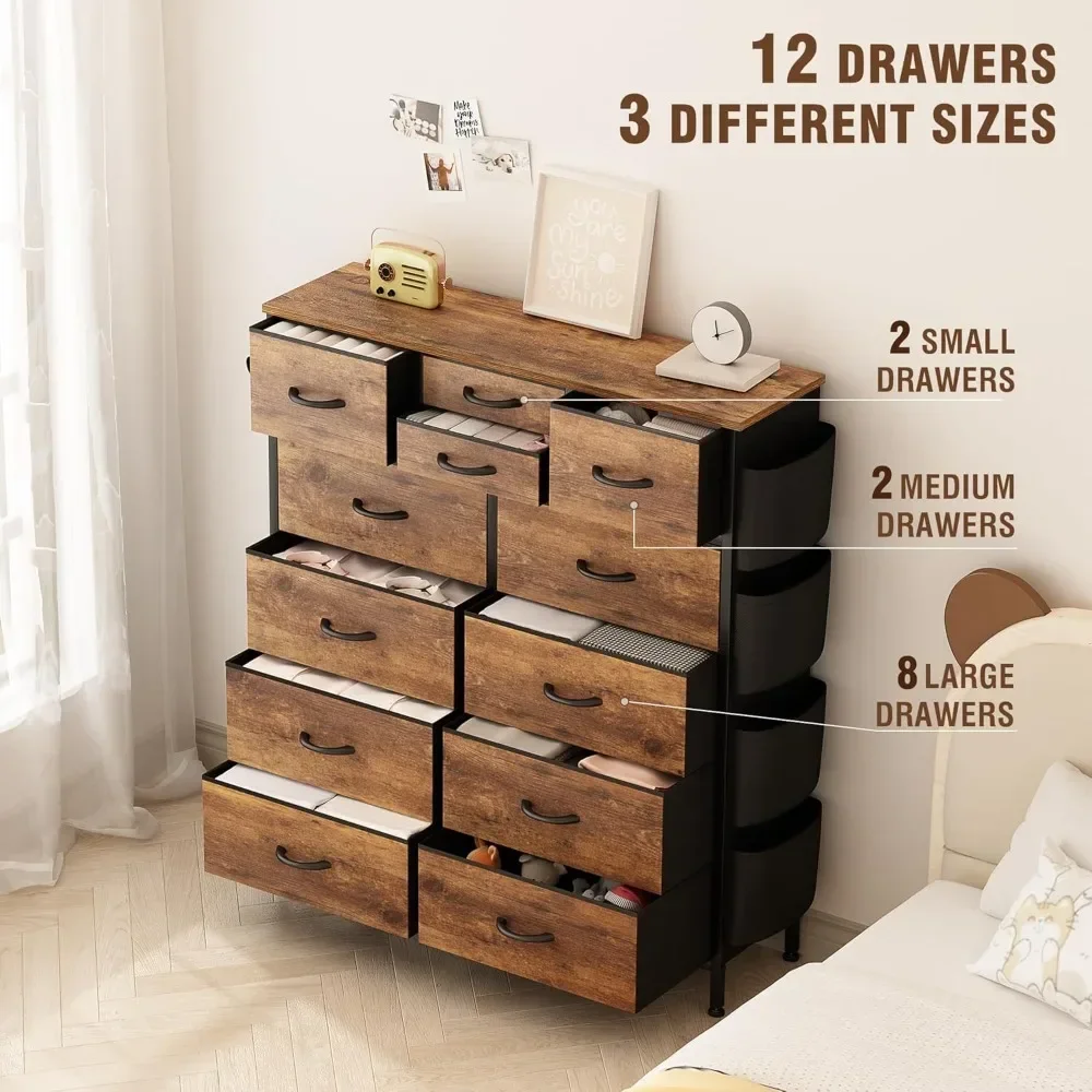 Dresser for Bedroom with 12 Drawers, Tall Dresser Chest of Drawers with Side Pockets and Hooks, Fabric Dresser Storage Tower