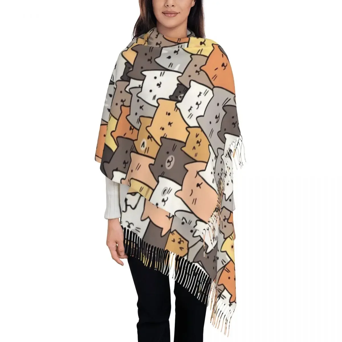 Women's Scarf with Tassel Funny Cats Collage Long Winter Warm Shawl Wrap Animal Cat Lover Daily Wear Cashmere Scarf