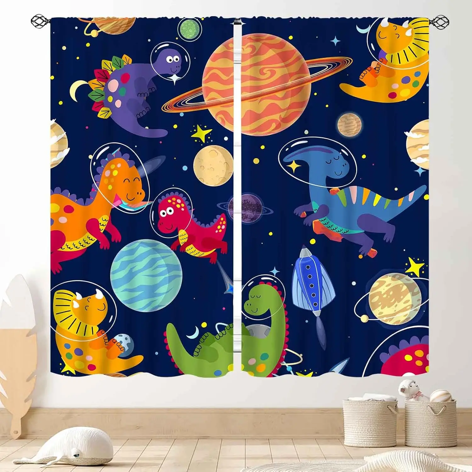 Dinosaur Curtains for Boys Room, Cartoon Dino Navy Blue Safari Animal Outer Space Planet Astronaut Theme Blackout Baby Window