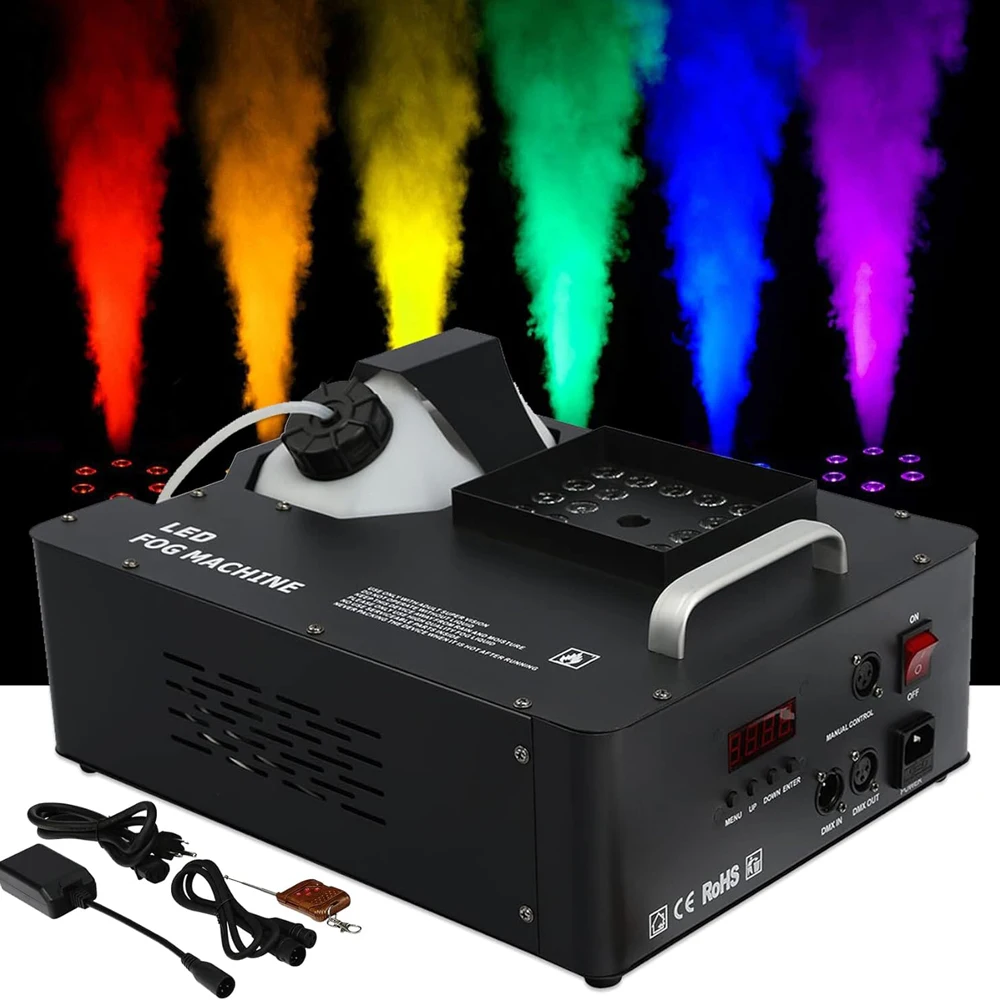New Upgrade Constant Temperature Motherboard 1500W Fog Machine 24 RGB LED Stage Smoke Machine DMX Remote Control Vertical Spray