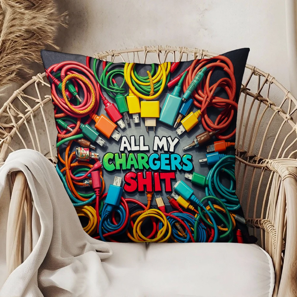 Square Throw Pillow Case Multicolor All My Chargers Shit Cable Pattern For Living Room Bedroom Sofa Home Decor