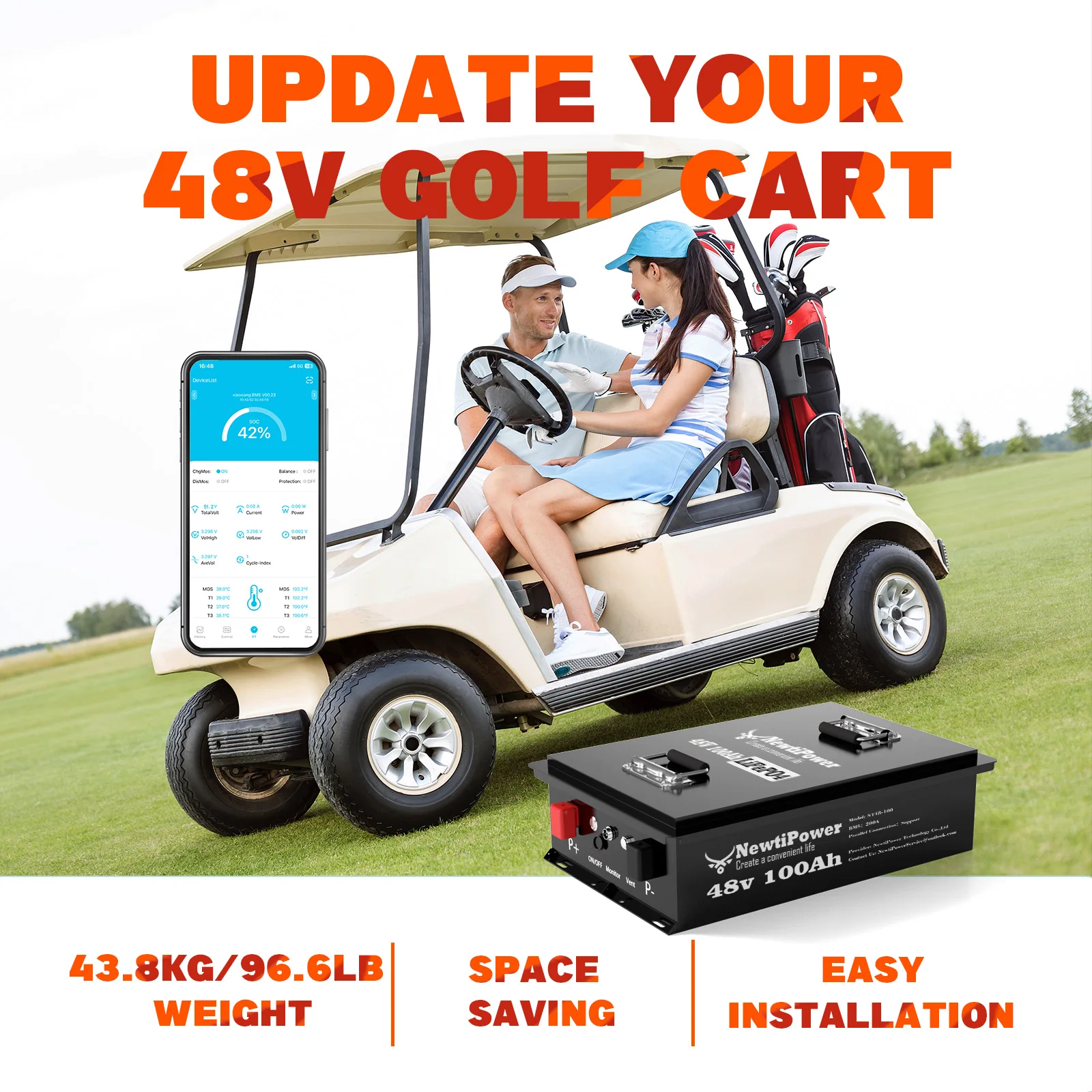 48V 100Ah Lithium Iron Phosphate Golf Cart Battery Deep Cycle LiFePO4 Battery, 50-Mile Extended Range, Space-Saving Design for Golf Buggy